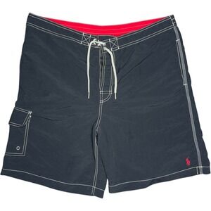 Vintage Polo Ralph Lauren Mens XL Black Cargo Swim Board Trunks Red Pony 90s Y2K